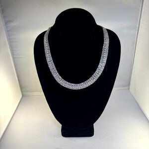 Sparkling Rhinestone Tennis Necklace Women Silver Tone Layered Glamorous
